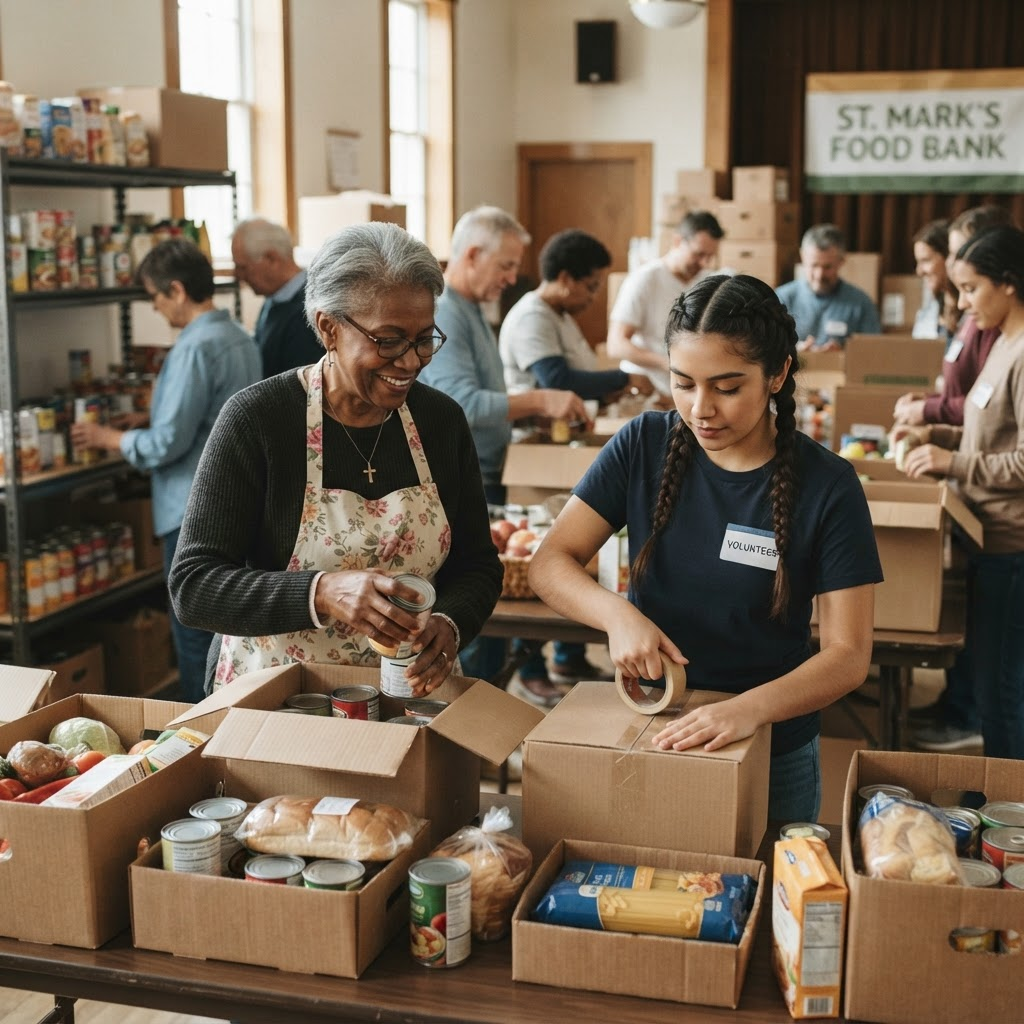 Volunteers packing food and supplies at a Hope House Church food bank