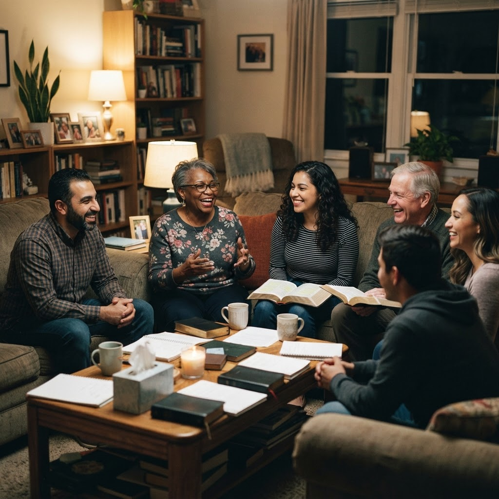 A small group gathered together with coffee and open Bibles in a home